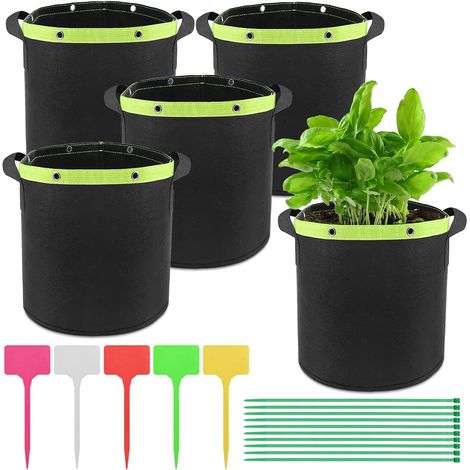 Lot de 5 Sacs de Plantation de 20 l, avec Poignées et 5 Étiquettes Sacs à Plantes pour Fleurs, Pommes de Terre, Fraises, Tomates (1/5)