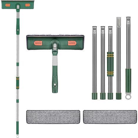 Nettoyant pour vitres télescopique professionnel avec poignée télescopique raclette nettoyant pour vitres professionnel 2 en 1 pour vitres hautes intérieures et extérieures (vert) (1/5)