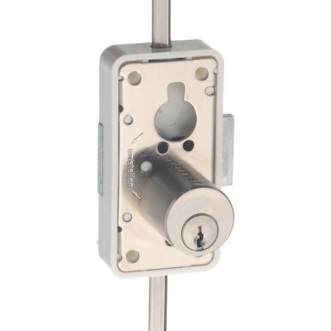Serrure de meuble 3 points espagnolette – cylindre rond Ø 22 mm – axe 20 mm – pour tringle de 8 x 7 mm – gâche équerre nickelée – Junie