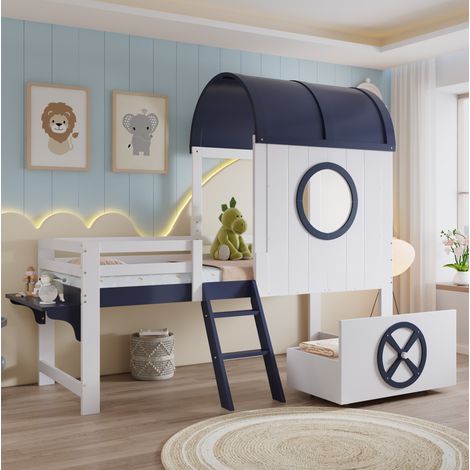 Letto soppalco 90x200 in legno bianco/blu con contenitore, cameretta, senza materasso - FLORAGRACE (1/5)