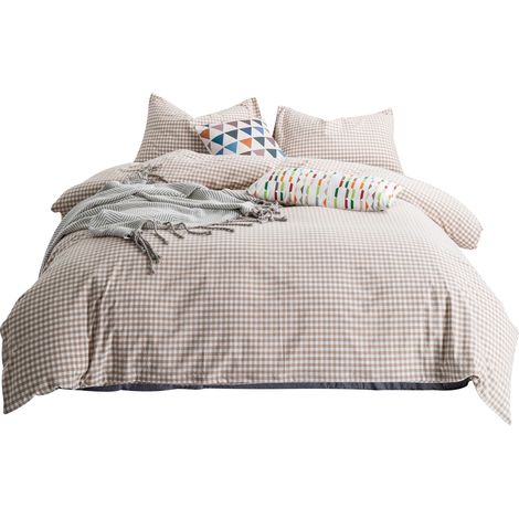 Parure de lit 3 pièces avec Housse de Couette à Carreaux 100% Coton délavé – 1 Housse de Couette Douce à Carreaux avec Attaches à Fermeture éclair et 2 taies d'oreiller – Beige (1/5)