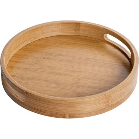Plateau rond en bois avec poignées, plateau décoratif rond, bambou naturel, plateau décoratif pour cafés, bars, restaurants, 25 x 25 x 4 cm (1/5)
