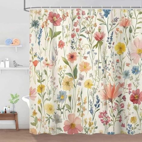 Rideau de Douche Vintage à Motif Floral Aquarelle, Rideau de Douche bohème coloré pour Salle de Bain, avec Crochets, 152,4 x 183 cm (1/5)