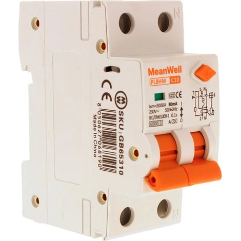 Disjoncteur différentiel MeanWell type A courbe C 1P+N 2M 6 kA 30 mA C10A AC 230 V (1/5)