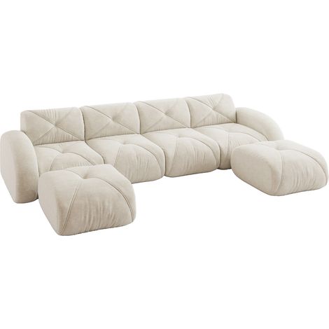 ELVMI Divano modulare 4 posti con design antiscivolo e 2 pouf, in Chenille, Beige chiaro (1/5)