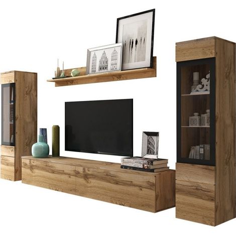 Mirjan24 – Ensemble de meubles de salon avec table de TV – Chêne wotan – Stratifié et verre trempé – Dimensions 1320 x 330 mm