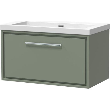 Balterley Longnor Modern Bathroom 1 Soft Close Drawer Wall Hung Vanity Unit Fireclay Basin, Fern Green, 800mm