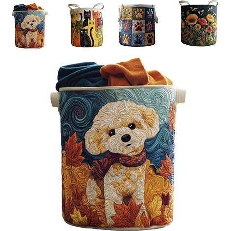 Panier à linge matelassé avec poignées, panier de rangement en tissu matelassé en forme de chat mignon, panier de rangement multifonction en tissu floral bohème (A, L) (1/5)
