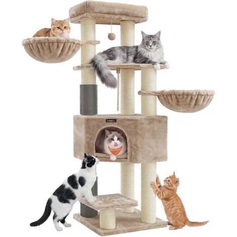 Arbre à chat grand et stable avec niches hamacs poteaux à griffer 50 x 50 x 160 cm en plastique beige clair (1/2)
