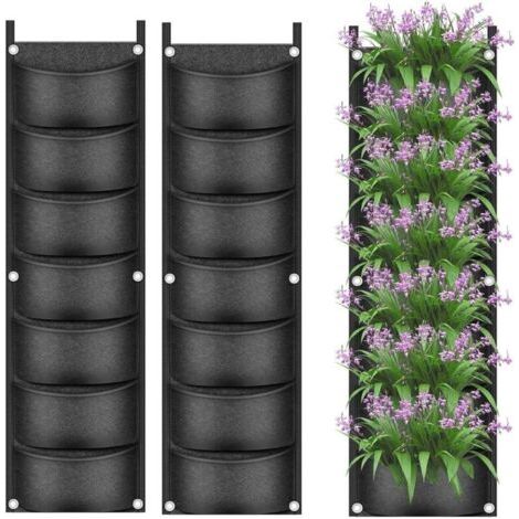 2 Pièces Sacs de Culture de Plantes Suspendus, 7 Poches Jardinière Murale Sac pour Pot de Fleurs Vertical Sacs de Culture Respirants en Tissu Non Tissé pour Cour Jardin Maison Décoration (Noir (1/4)