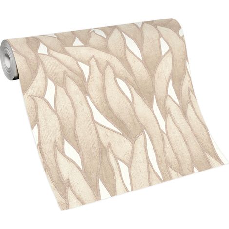 Papier peint motif feuille beige original | Tapisserie feuille beige & blanche idéale salon | Papier peint intissé moderne couloir (1/5)
