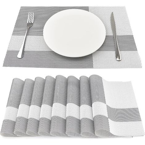 Lot de 8 sets de table en vinyle résistant à la chaleur 45 cm 30 cm, rayures blanches (1/5)
