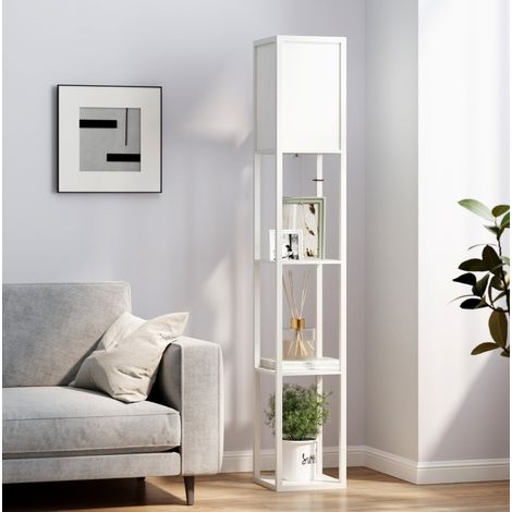 Lampada da terra con ripiani 26x26x160 cm, 3 vani aperti, paralume in tessuto, legno, bianco (1/5)