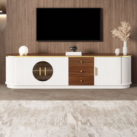Meuble TV bas avec 2 portes en verre et 3 tiroirs, structure en MDF, poignées en aluminium, angles arrondis, 180x40x46 cm, blanc et marron
