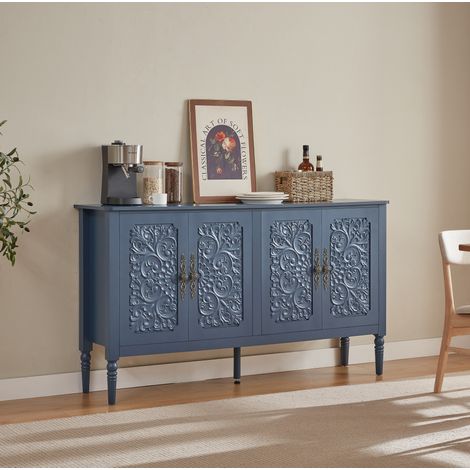 Buffet 160x40x89 cm en panneaux de bois bleu marine, avec rangement pour salle à manger FloraGrace (1/5)