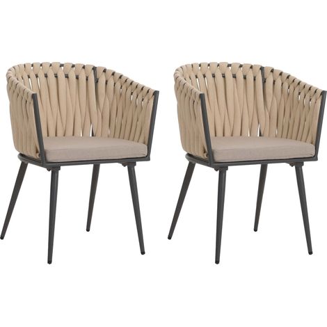 [NON UTILIZZATO] Set 2 sedie soggiorno in alluminio HHG-418, sedie salotto con braccioli, intreccio corda, avorio cuscino marrone chiaro