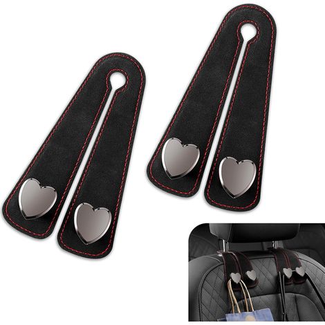 Crochets de fixation pour appuie-tête de siège auto (lot de 2), crochets de rangement en forme de cœur, sac de rangement souple et pliable, universel pour voitures (noir) (1/5)