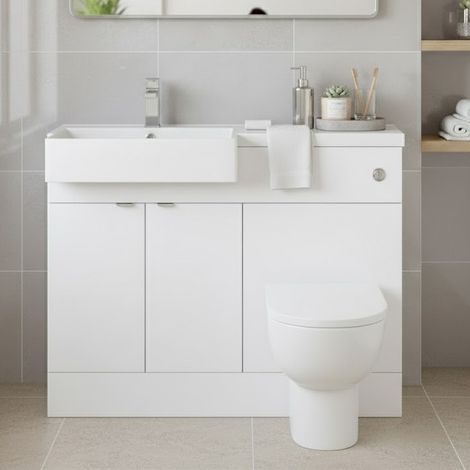 Hudson Reed Fusion LH Combination Unit with Square Semi Recessed Polymarble Basin 1100mm Wide - Gloss White (1/4)
