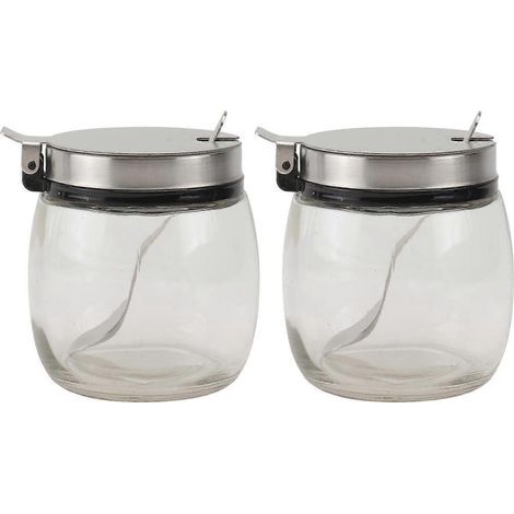 Set aus 2 runden Gewürzgläsern aus Glas mit Deckel und Edelstahllöffel. (1/4)