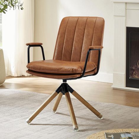 Drehstuhl ohne Rollen, braunes Kunstleder, Mid Century Modern, Eichenholzbeine (1/5)