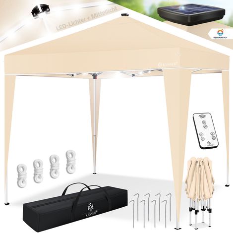 KESSER® Pavillon Faltpavillon 3x3m mit LED Beleuchtung Solar Fernbedienung Gartenzelt Höhenverstellbar & Wasserdicht + Tasche Bodenanker Beige