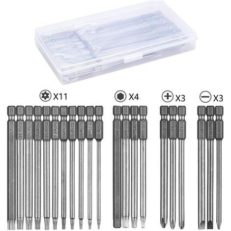 Jeu d'embouts de tournevis 21 pièces, embout de 100 mm de long, T6-T40, 6 pans 3-6 mm, Phillips PH2, fente 4-6 mm, tige hexagonale 1/4", acier S2 (1/4)
