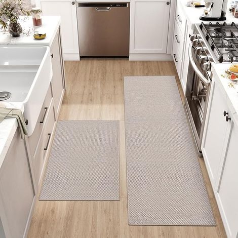 Kitchen Mat in Front of the Sink, Non-Slip Rubber Bottom, Absorbs Oil and Water, Easy to Clean, 43 x 75 cm + 43 x 150 cm, Beige (1/5)