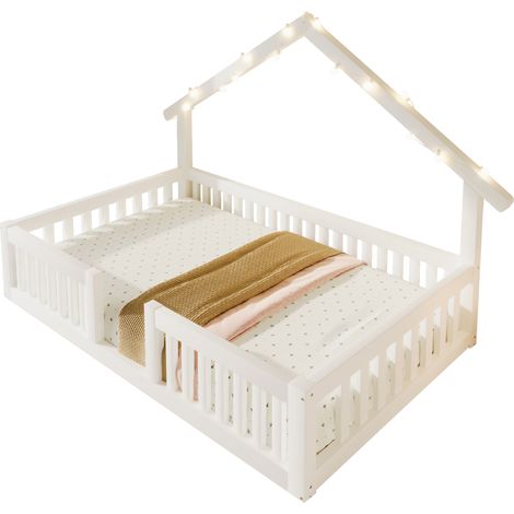 Lit cabane enfant maison 90x200 cm en bois, avec barrières de sécurité et guirlande LED à lumière chaude, blanc, pour chambre d'enfant - CHICFURN (1/5)
