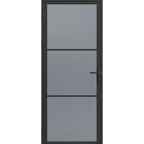 Vente-Unique – Bloc porte réversible en aluminium et verre trempé fumé – H204 x L73 cm – Noir – Sens d'ouverture : poussant droit/gauche