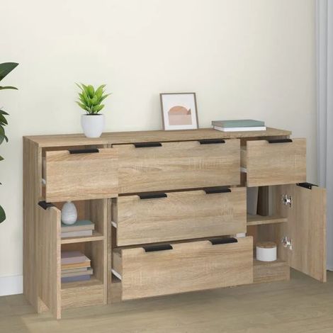 Buffet Bas 3 Pièces en Bois d'Ingénierie Couleur Chêne Sonoma – Meuble de Rangement Moderne pour Salon et Salle à Manger (1/5)
