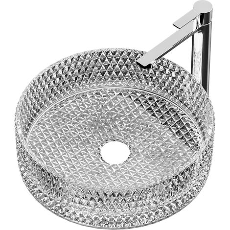 EMKE Lavabo in vetro rotondo, 360 x 360 x 112 mm, lavabo da appoggio in vetro al piombo temperato, lavabo, lavandino da bagno, trasparente (1/5)