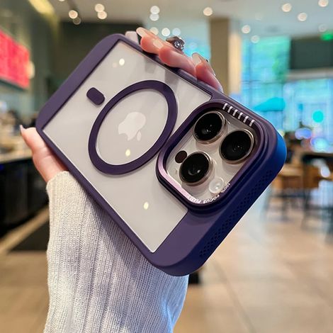 (iPhone 15 Pro, Violet foncé) Coque Magsafe avec cadre thermique pour iPhone, coque arrière de protection transparente en acrylique.