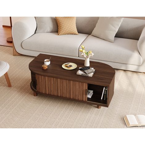 Tavolino da salotto 100x50x35 cm in MDF noce, 2 ante scorrevoli - MEUBLIV (1/5)