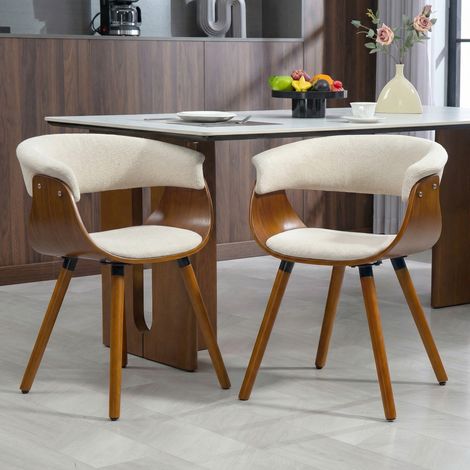 Set aus 2 Esszimmerstühlen, gepolsterte Küchenstühle mit geschwungener Rückenlehne und Beinen aus Massivholz, beige