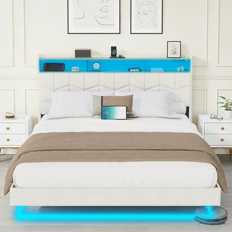 DEWINNER Lit 140x190 avec Sommier Lit Double, Cadre Flottant, avec LED Réglable, Multiprise, Sommier à Lattes, Lin Blanc, Idéal pour Chambre Moderne et Confort de Nuit (1/5)