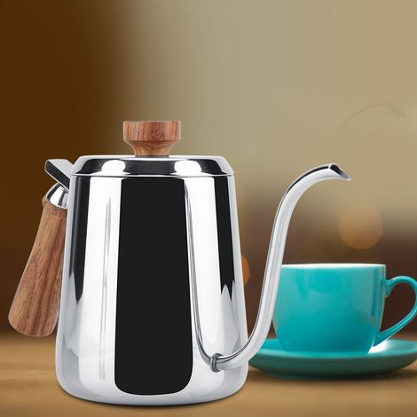 Bouilloire café goutte à goutte 350ml, théière acier inoxydable 304, bec col de cygne long, manche bois, verseur précis, idéale pour infusion artisanale. (1/5)