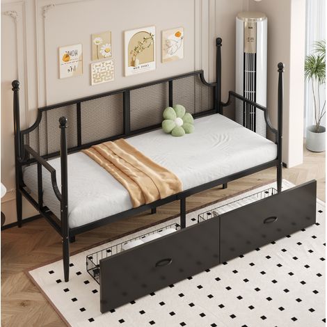 Metallbettsofa 90x200 cm schwarz, Vintage-Stil, mit Kopfteil und 2 integrierten Schubladen (1/5)