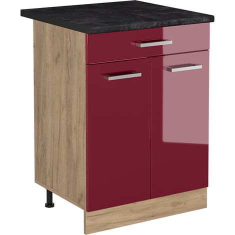 Mobiletto base cucina R-Line, Rosso lucido/Rovere dorato, 60 cm con cassetto piano di lavoro Antracite, Vicco (1/5)