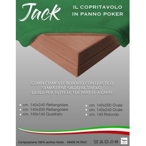 COPRITAVOLO Panno GIOCO Carte POKER JACK Verde PROTEGGI TAVOLO ritorto QUALITÀ EXTRA Cm.140x140 quadrato