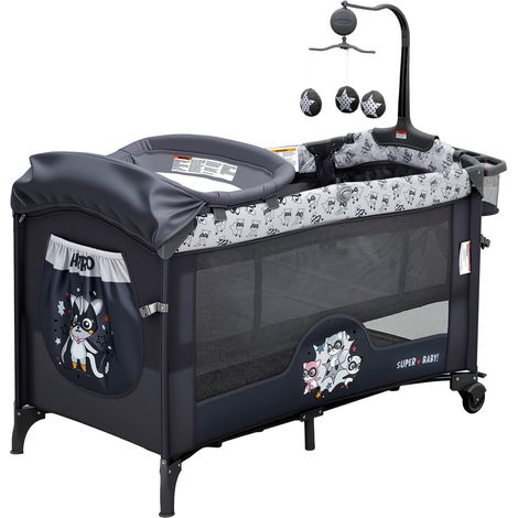 Lit bébé 5 en 1 Pliable, Hauteur Réglable, Table à Langer, Berceau Balancelle, Jouets Suspendus, Moustiquaire, Rangement, Noir (1/5)