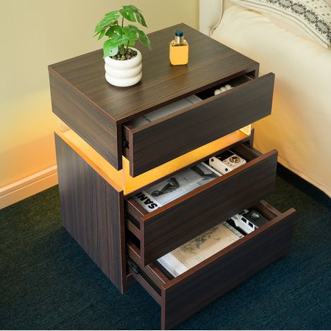 Cassettiera LED 3 cassetti in legno noce OKMYHOME (1/5)