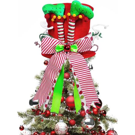 Cimier de Sapin de Noël, 25CM Grande Rouge Pointes de Sapin de Noël Chapeau Haut avec Patte D'elfe et Ruban à Nœud Rayé pour Maison Noël Vacances Hiver Fête Décor Bureau Ornements (1/5)