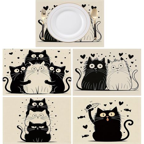 (4 Pièces,30x45cm)Sets de Table Chat, Set de Table Lavable en Tissu, dessous de table, Napperons Antidérapants et Anti-taches pour Cuisine (1/5)