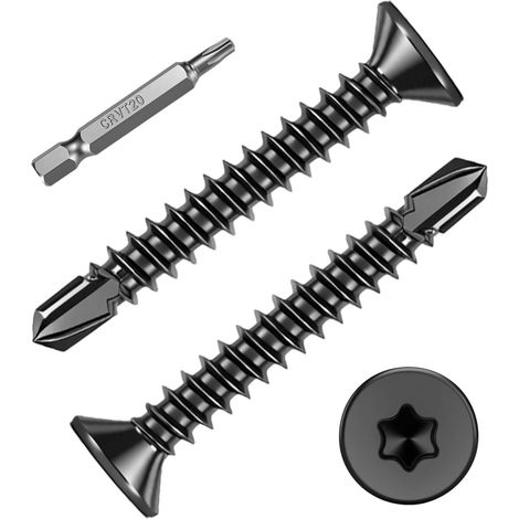 100 Pièces Torx Vis Autoforeuse Metal Noir,M4.2x32mm Vis à Tôle Autotaraudeses et Autoperceuse Autoperforante Inox 410 Torx Tête Fraisée Plate pour Aluminium Bois Tôle Plastique.Avec 1 TX20. (1/5)