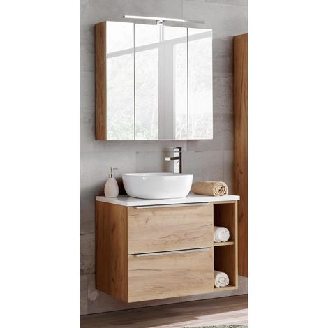 Badmöbel Set mit Keramikbecken un LED-Spiegelschrank TOSKANA-56 Wotaneiche/Hochglanz weiß BxHxT ca. 80/190/46cm (1/5)
