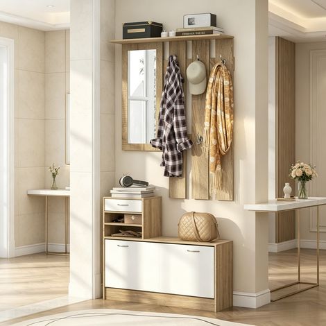 Design bois et blanc vestiaire d'entrée 3 en 1 rangement chaussures et 6 crochets avec miroir pour couloir (1/5)