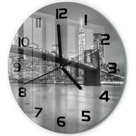 Horloge Murale Ronde pour Cuisine Verre Trempé Silencieuse Décoration Moderne New York la nuit fi 30 cm (1/5)