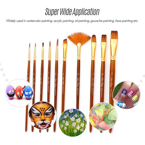 10 pièces Kit de pinceaux de peinture pinceau d'artiste plusieurs médiums avec cheveux en nylon pour aquarelle acrylique aquarelle gouache peinture à l'huile grandes fournitures de dessin d'art (1/5)