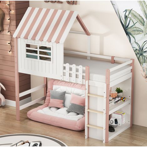 Cama infantil casita con escalera y almacenaje rosa OKMYHOME (1/5)