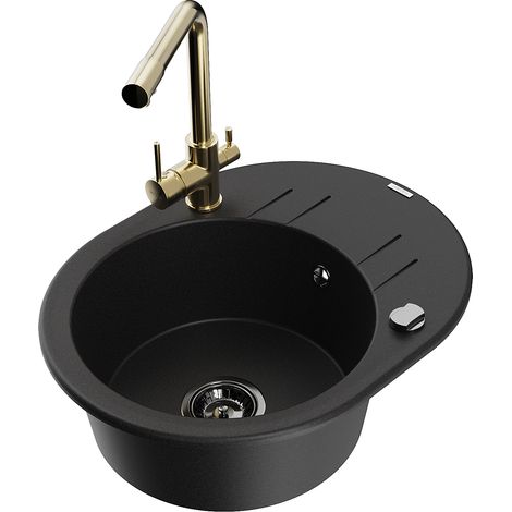 Mexen Kevin fregadero de granito de 1 compartimento con escurridor y grifo de cocina Duero, negro - 6517-77-671600-50-B (1/5)